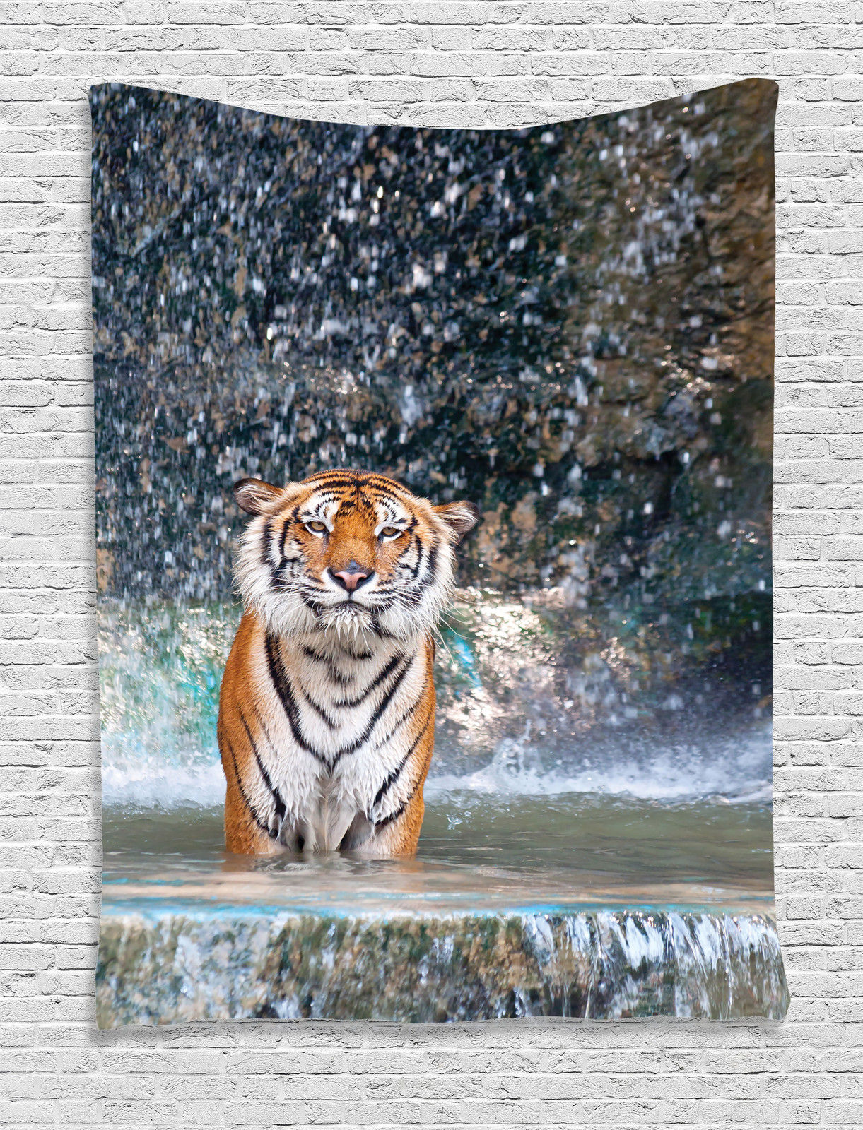 Image of Tiger in Waterfall Exotic Wildlife Animal Nature Wall Hanging