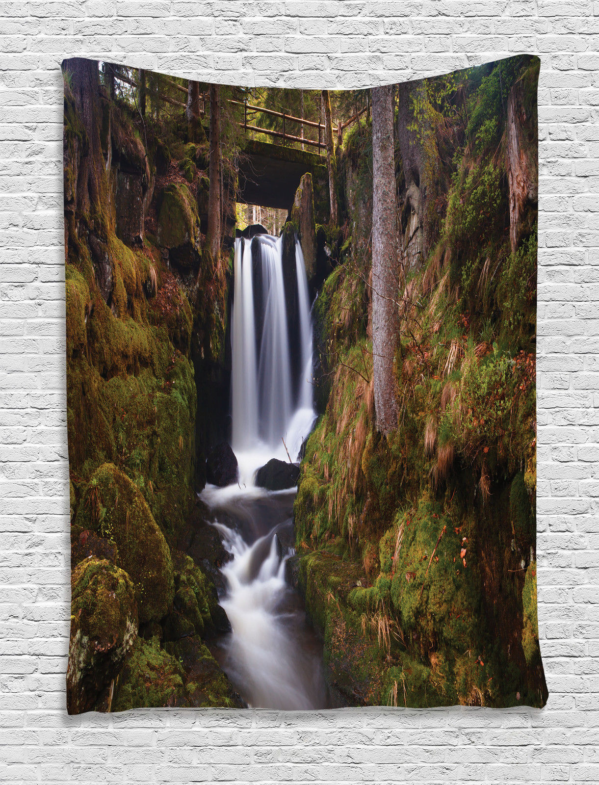 Waterfall and Wooden Bridge in Forest Exotic Nature Decor Wall Hanging