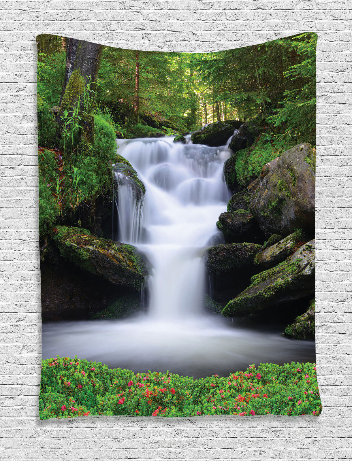 Image of Waterfall Trees Flowers in Forest Mother Nature Wall Hanging