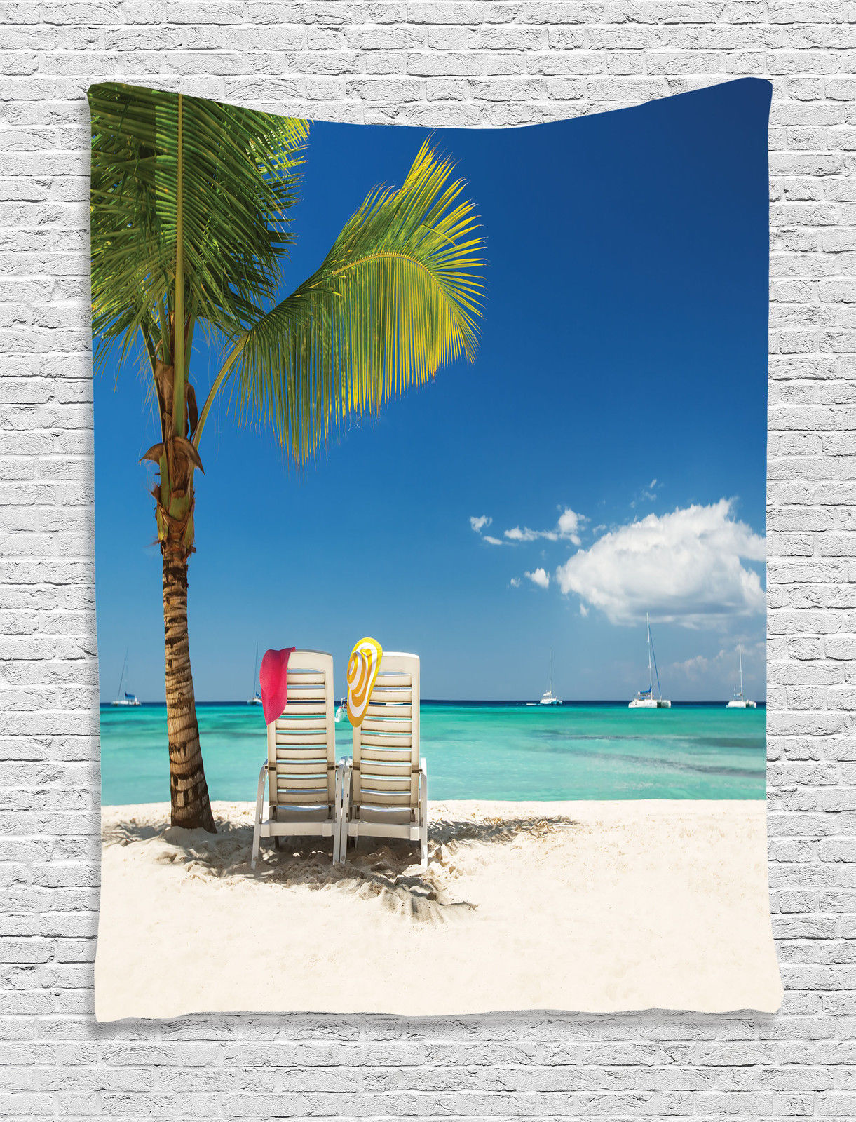 Remote Beach with Palm Tree Chairs And Boats Theme Picture Wall Hanging