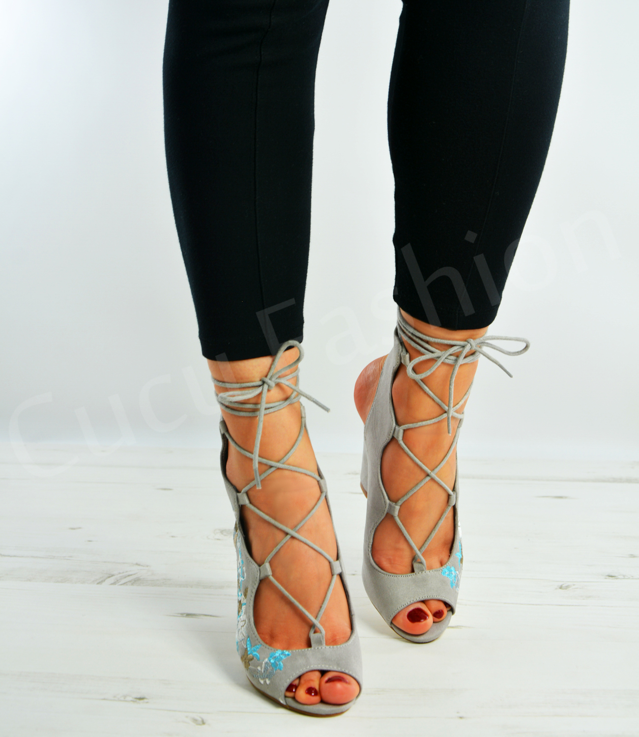 New Womens Ladies Floral Lace Up Sandals High Block Heels Cage Shoes