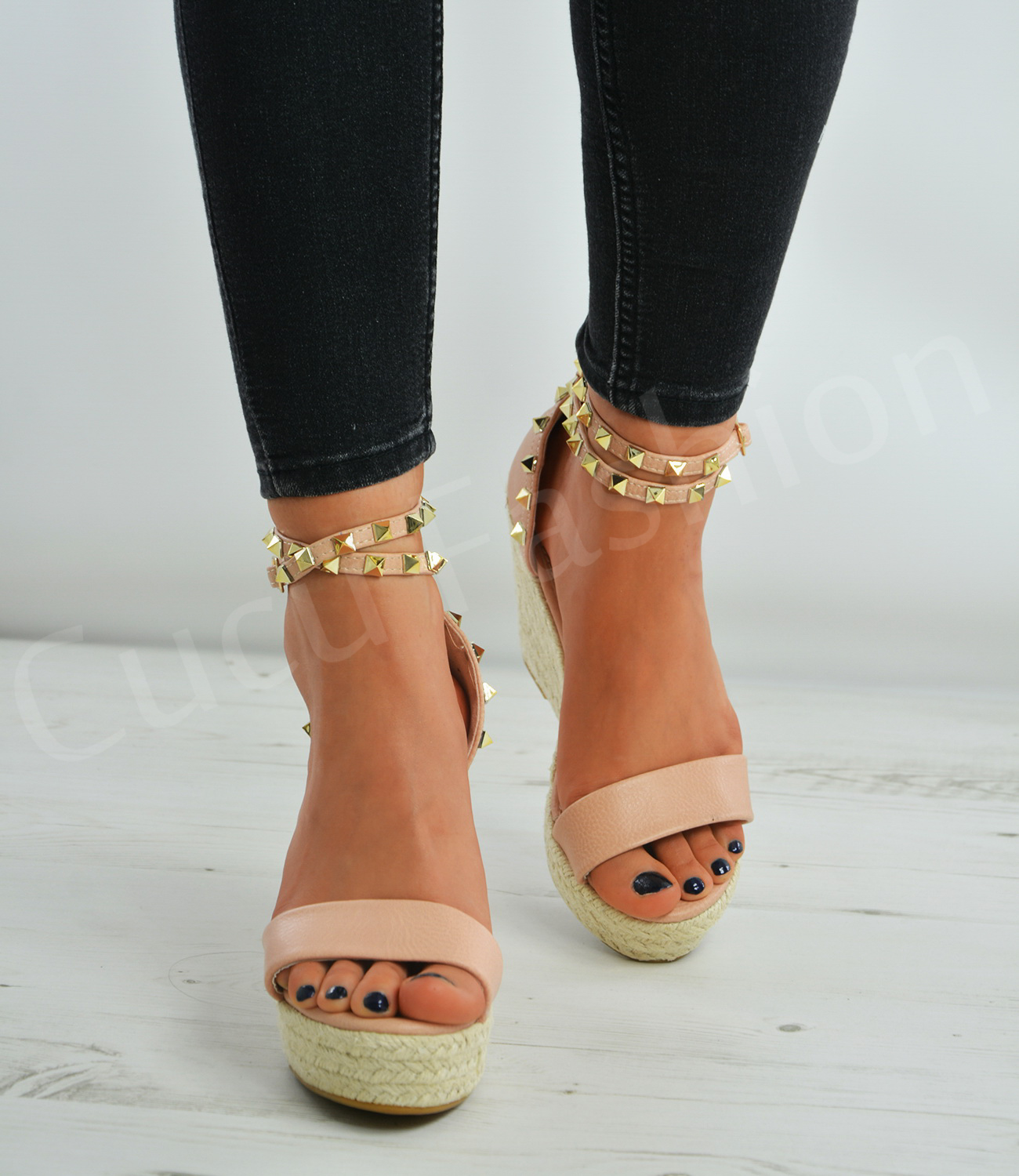New Womens Espadrille Wedge Platforms Ladies Studs Ankle Strap Sandals