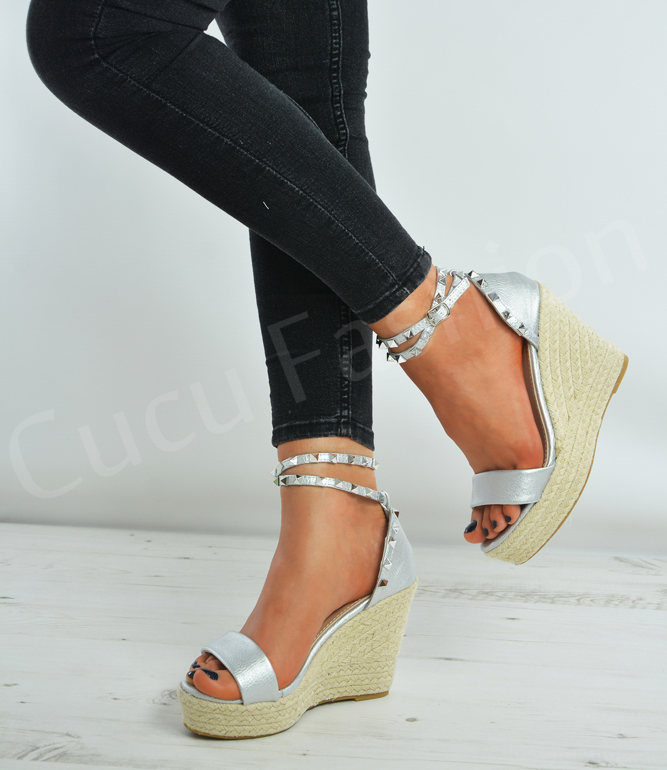New Womens Espadrille Wedge Platforms Ladies Studs Ankle Strap Sandals