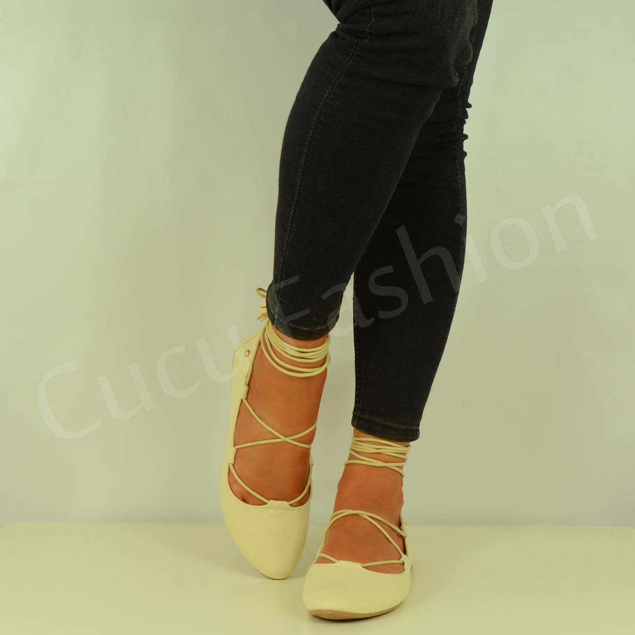 New Womens Lace Up Ballerina Ladies Ballet Pumps Flat Sandals Shoes