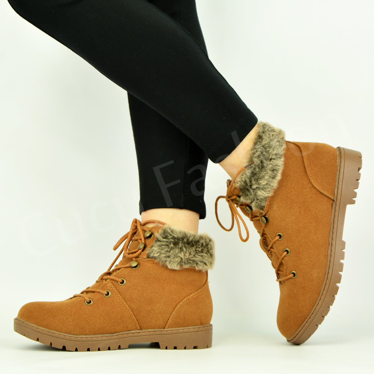 New Womens Ladies Walking Hiking Fur Lined Ankle Boots Lace Up Winter