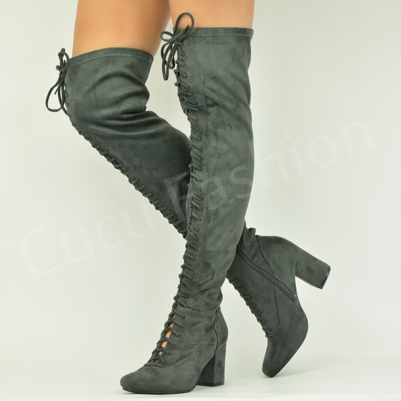 New Womens Ladies Over The Knee Lace Up Boots Mid Block Heel Shoes Size ...