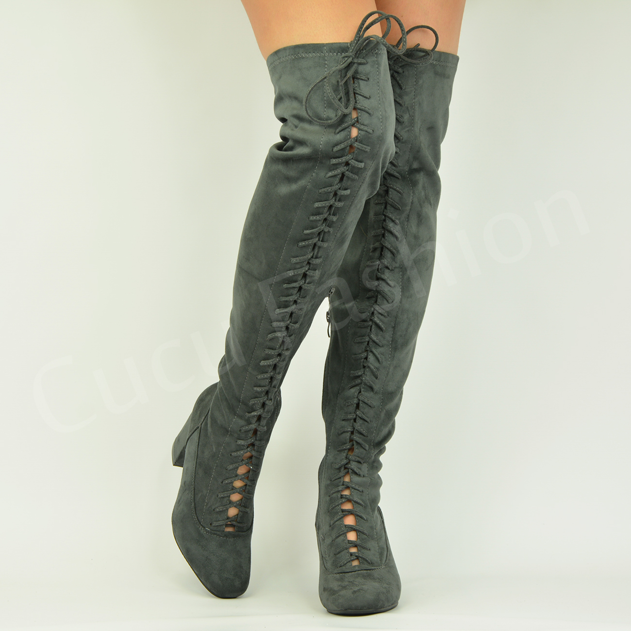 New Womens Ladies Over The Knee Lace Up Boots Mid Block Heel Shoes Size ...