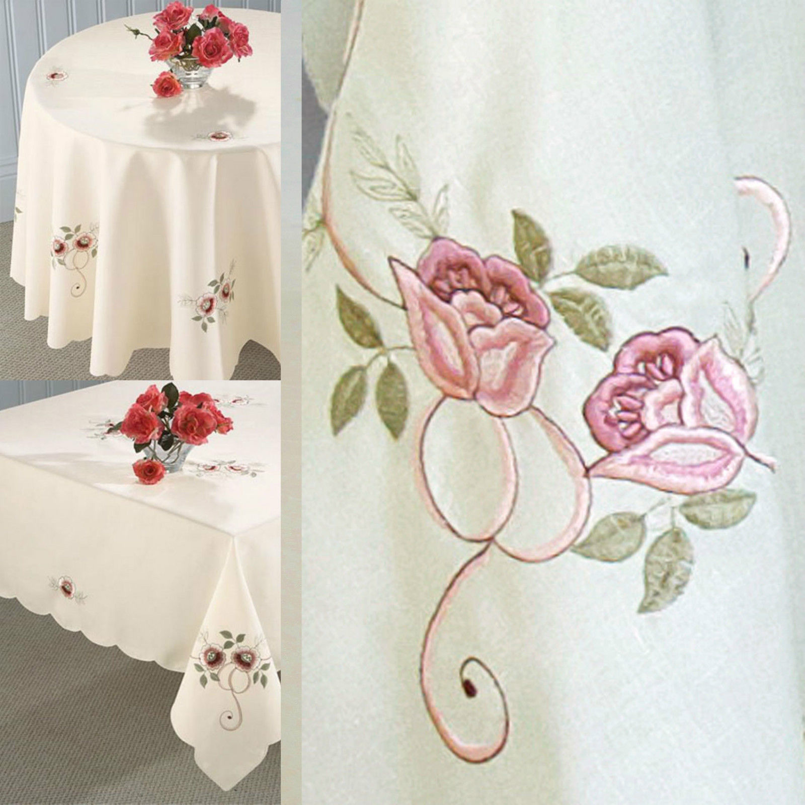 ROSE Embroidered Vintage Country Tablecloths Cream & Pink STOCK MUST