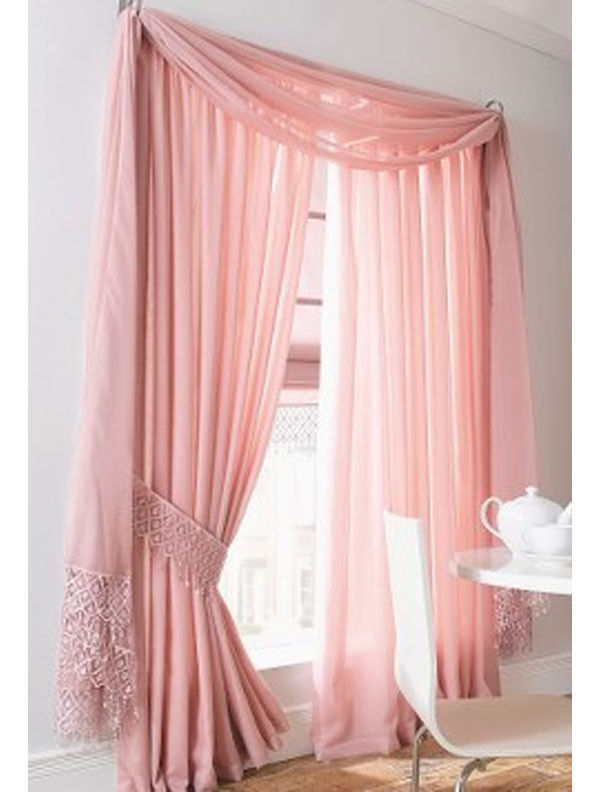 Voile & Lace LINED Curtains COMPLETE set Including MACRAME Scarf & Tie