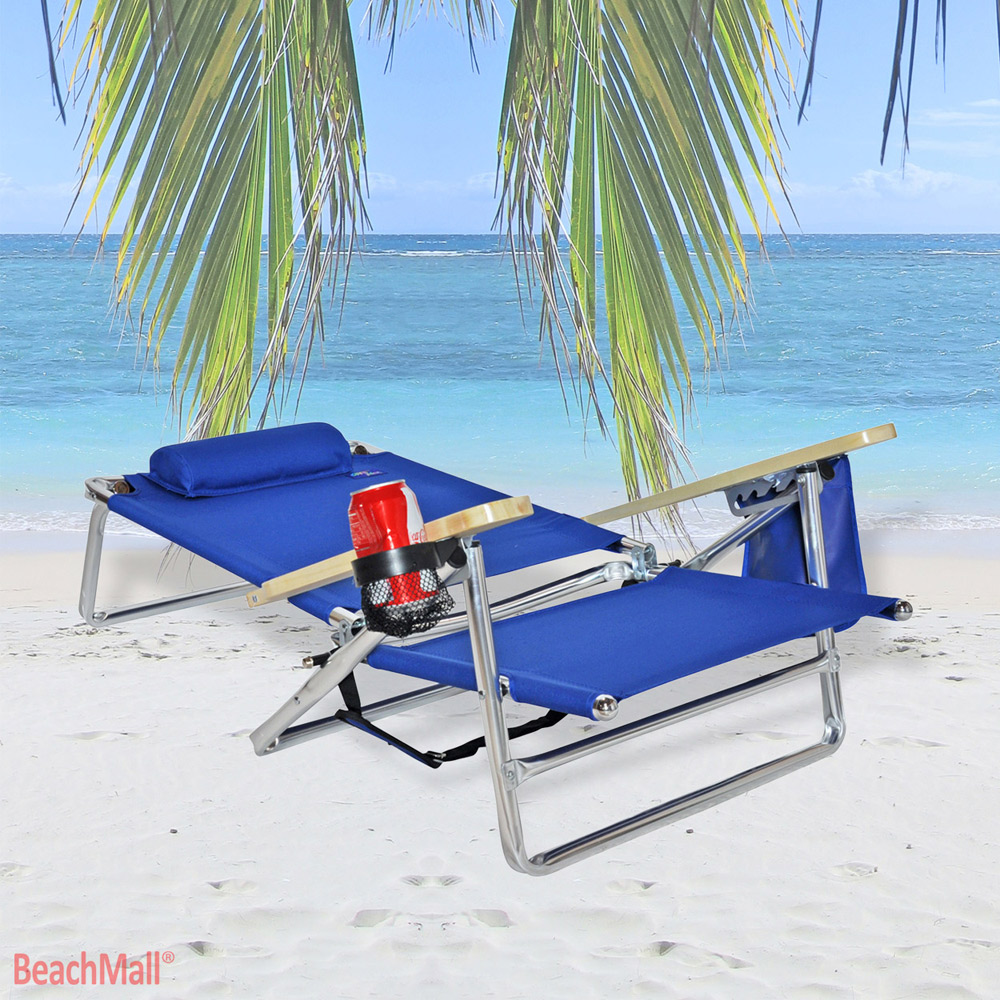 5 position Platinum Lay Flat Beach Chair Extra Tall Back w/ Drink
