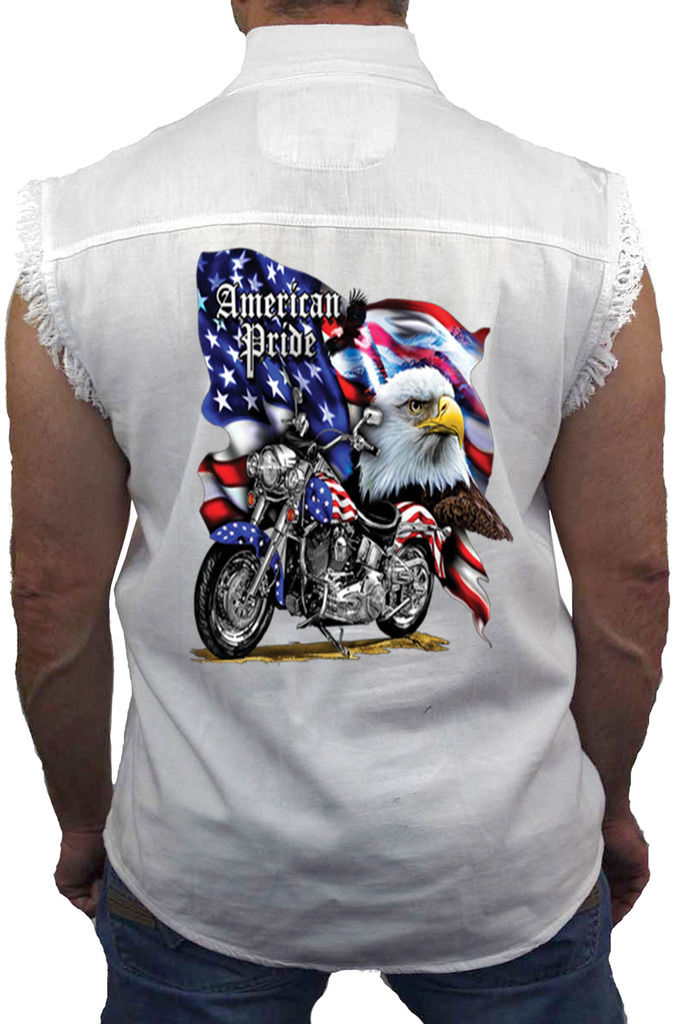 Men's Biker USA Flag Sleeveless Denim Shirt Motorcycle Bald Eagle Stars