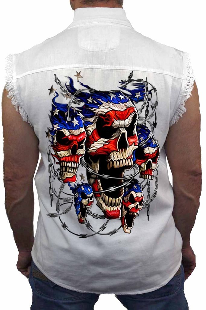 Men's Sleeveless Denim Shirt USA Flag Skulls In Chains Stars & Stripes
