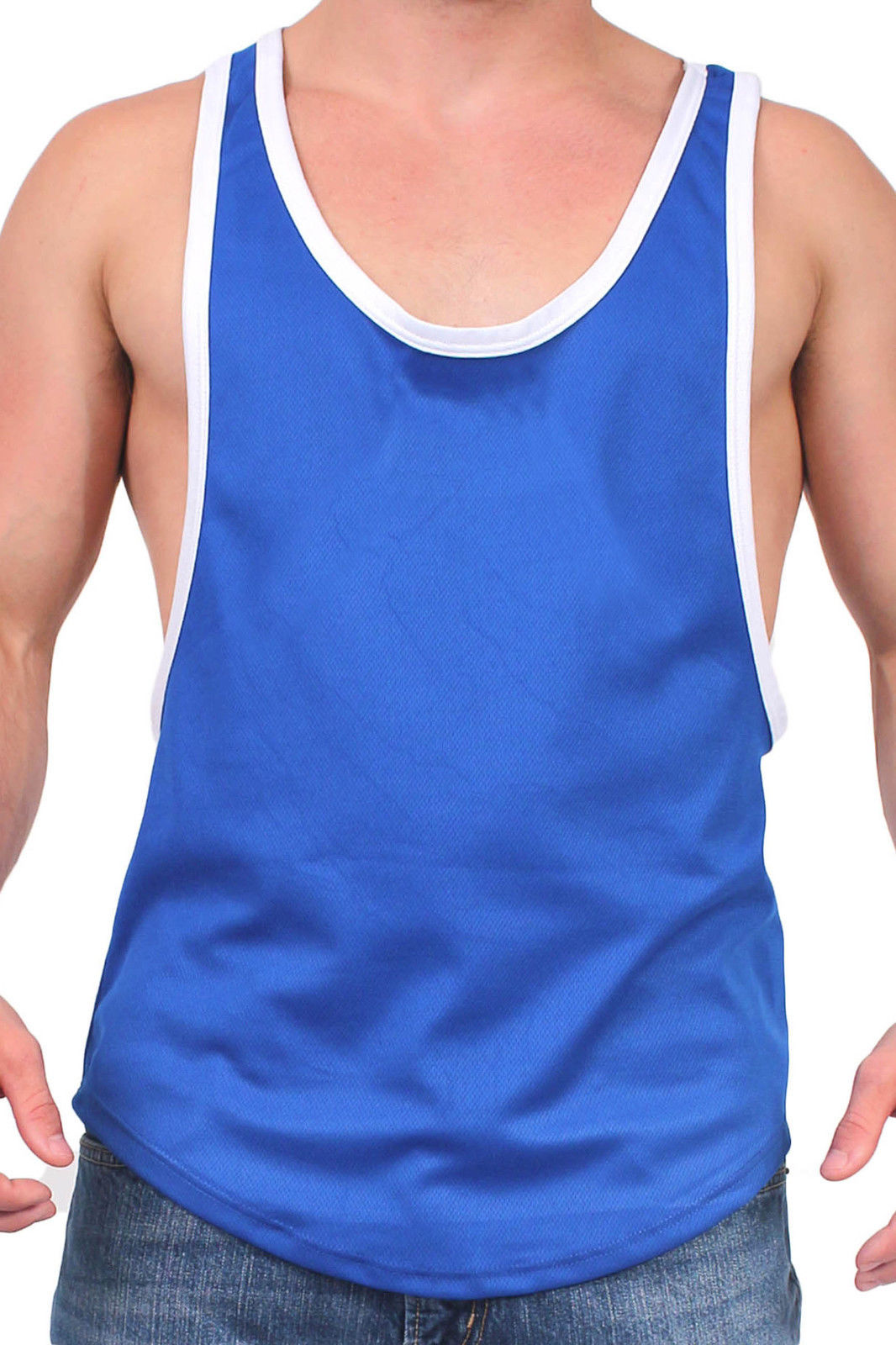MEN'S DRI FIT OPEN SIDE RACERBACK NAVY TANK TOP GYM WORKOUT RIB RINGER