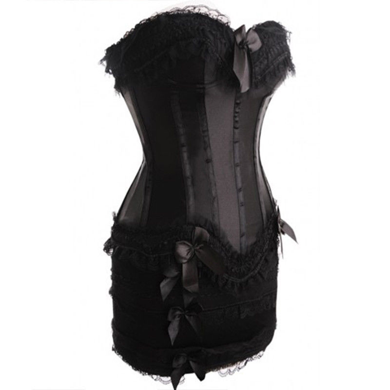 3 Pcs Babydoll Corset+Skirt+Gstring Boned Lace up Basque Bustier Dress