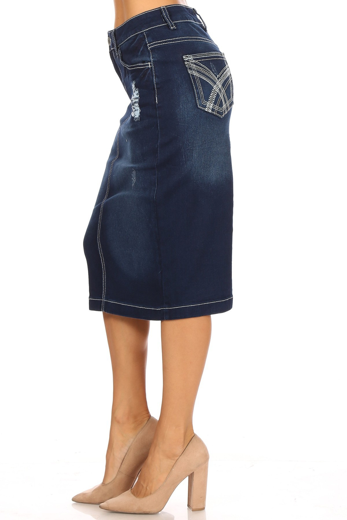 Women/'s Juniors//Plus Size Middle Length Pencil Distressed Stretch Denim Skirt