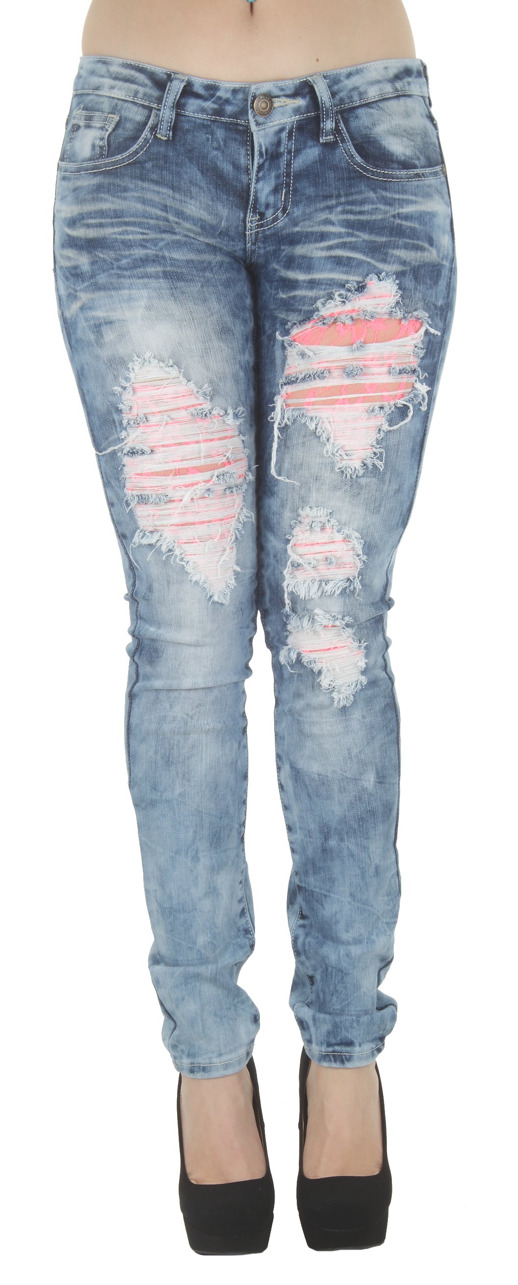 1A2980 Women's Juniors Low Rise Distressed Embellished Premium Skinny