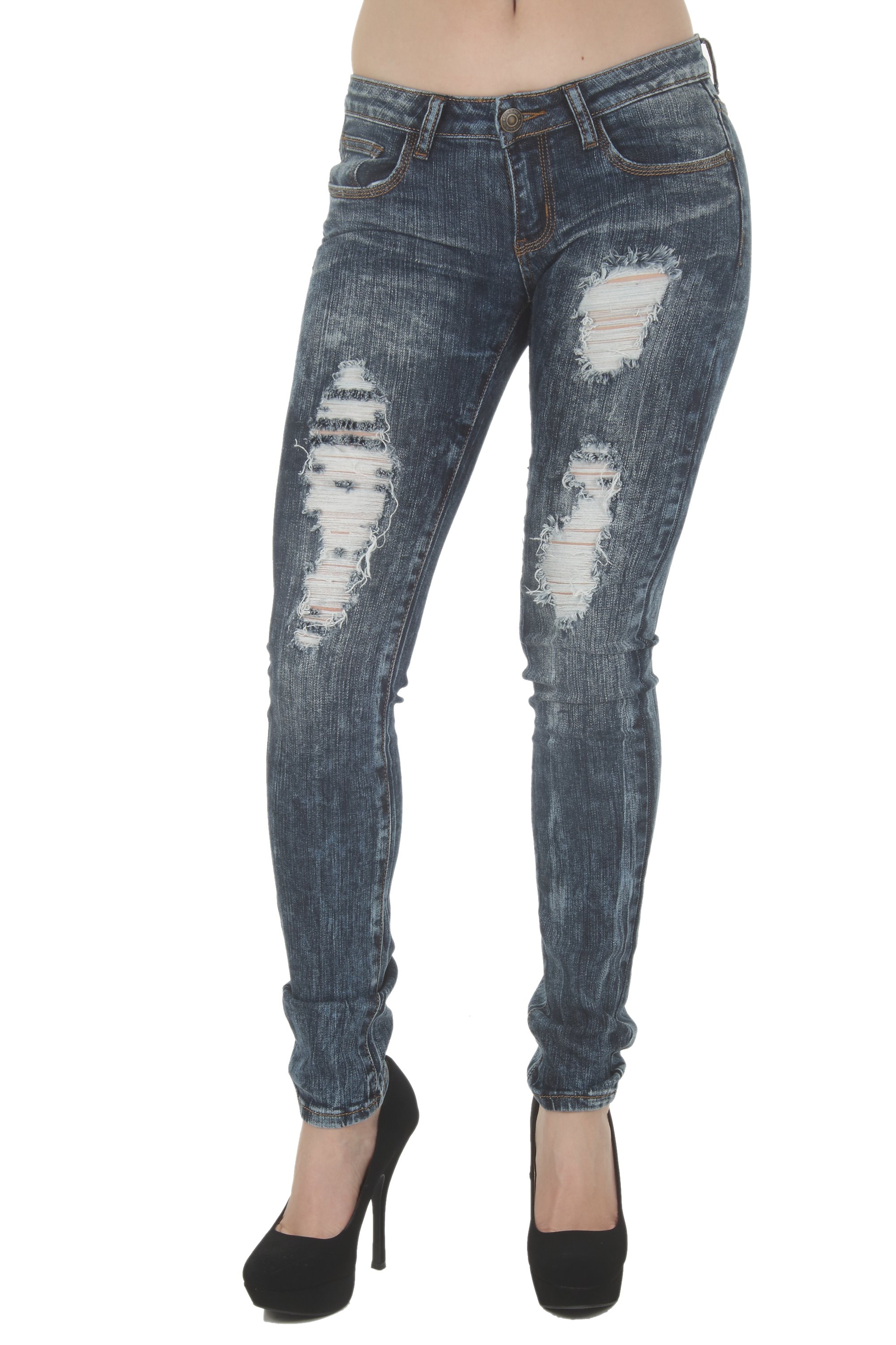 1A5566 Women's Juniors Low Rise Distressed Destroyed Premium Skinny