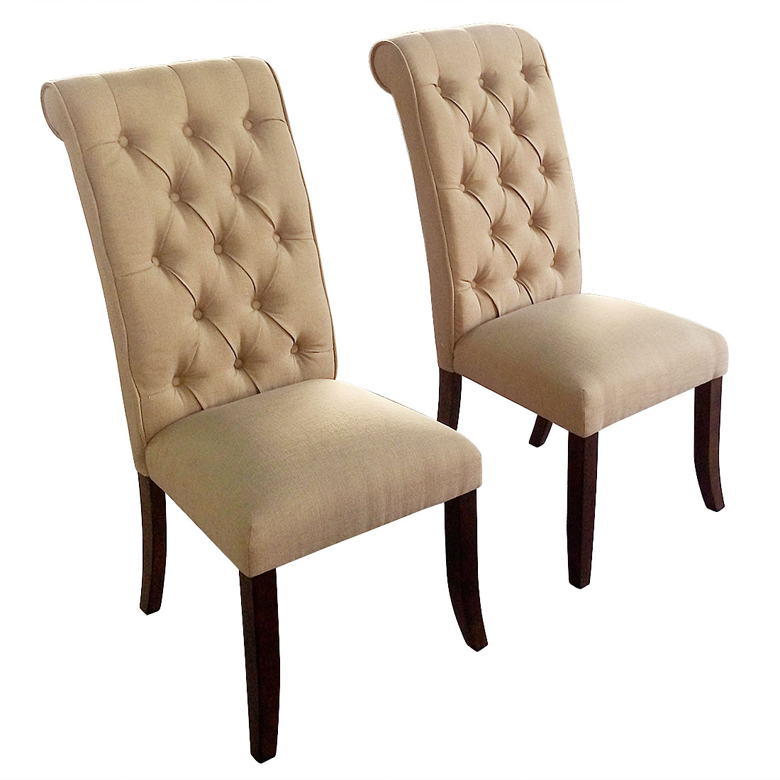2 Sets Beige Soft Fabric Cushioned Dining Chair Seat with Buttoned High