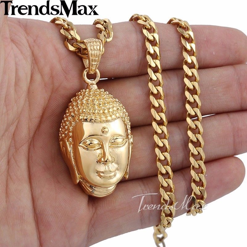 5mm Mens Chain Gold Tone Curb Cuban Link Stainless Steel Buddha Pendant