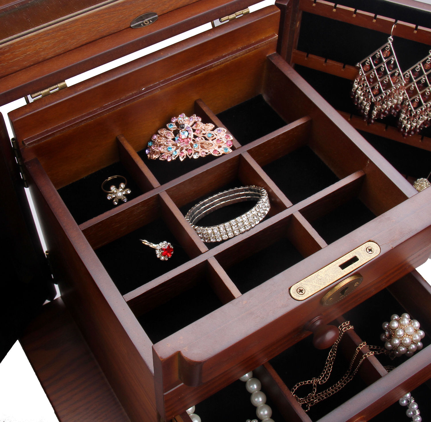 Wood Jewelry Box Organizer Armoire Ring Necklace Display Vintage Gift