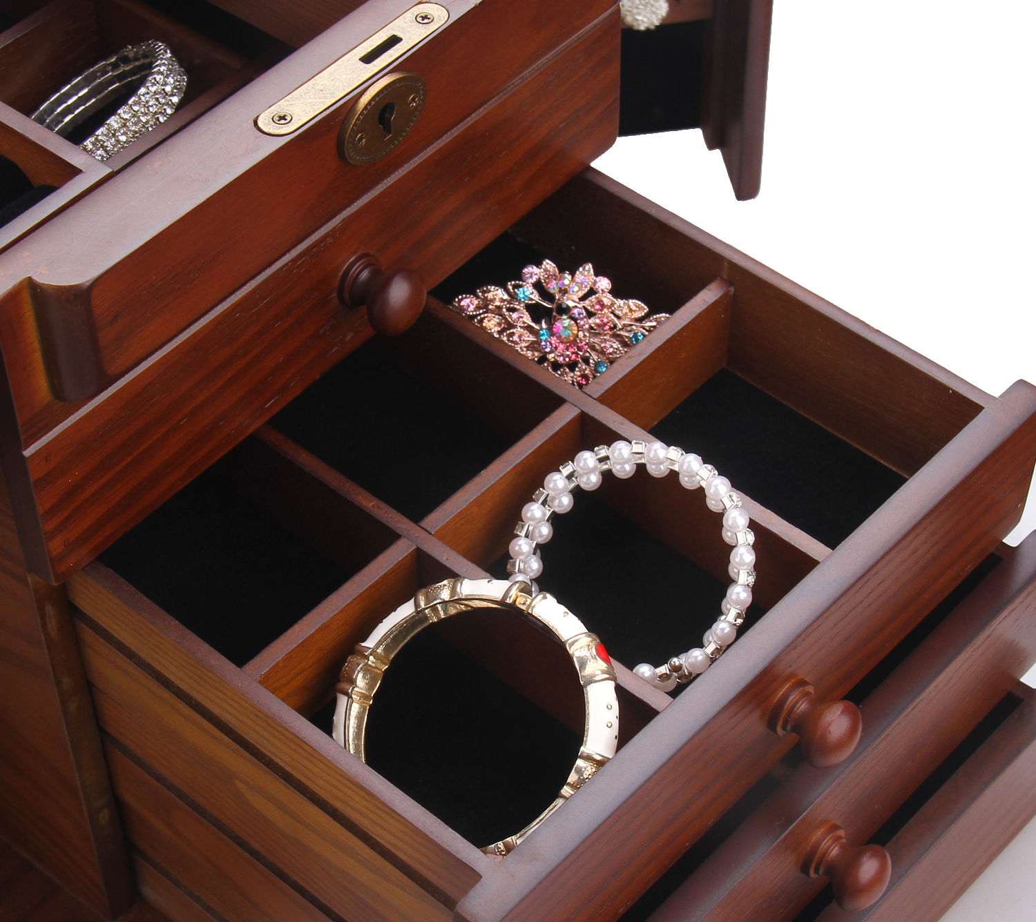 Wood Jewelry Box Organizer Armoire Ring Necklace Display Vintage Gift