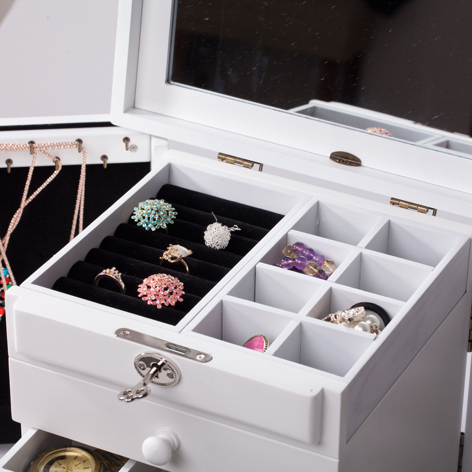 Wood Jewelry Box Organizer Armoire Ring Necklace Display Vintage Gift