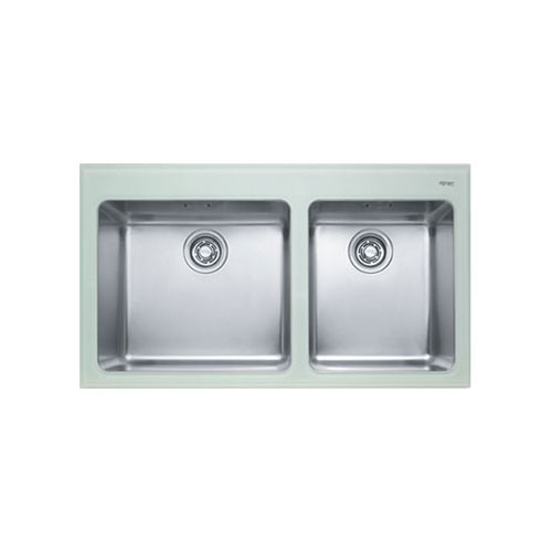 Franke KBV620W Double Bowl Kubus Kitchen Sink w/ White Seafoam Glass Frame