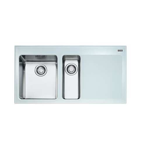Franke KBV651W-RHD Double Bowl Kubus Kitchen Sink w/ White Seafoam Glass Frame & Right-Hand Drain Board
