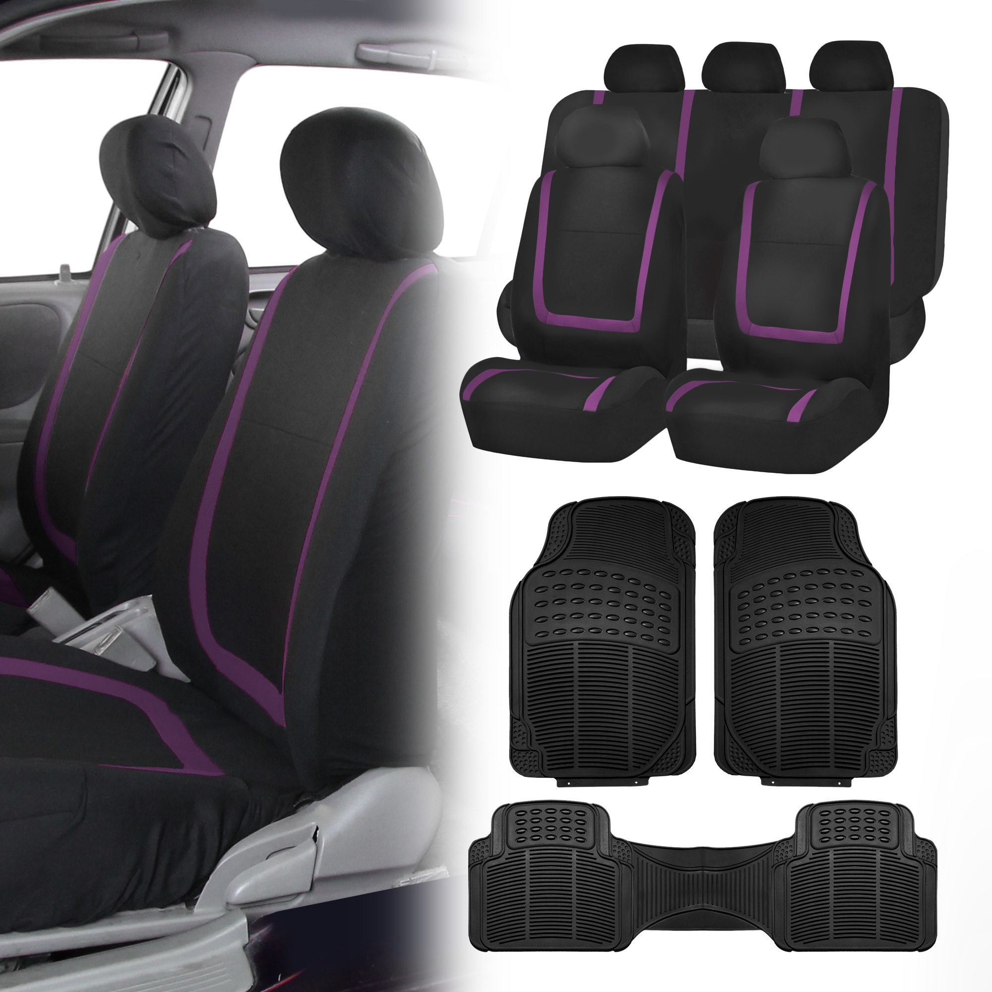 Black Purple Car Seat Covers with Black Rubber Floor Mats for Auto Car SUV