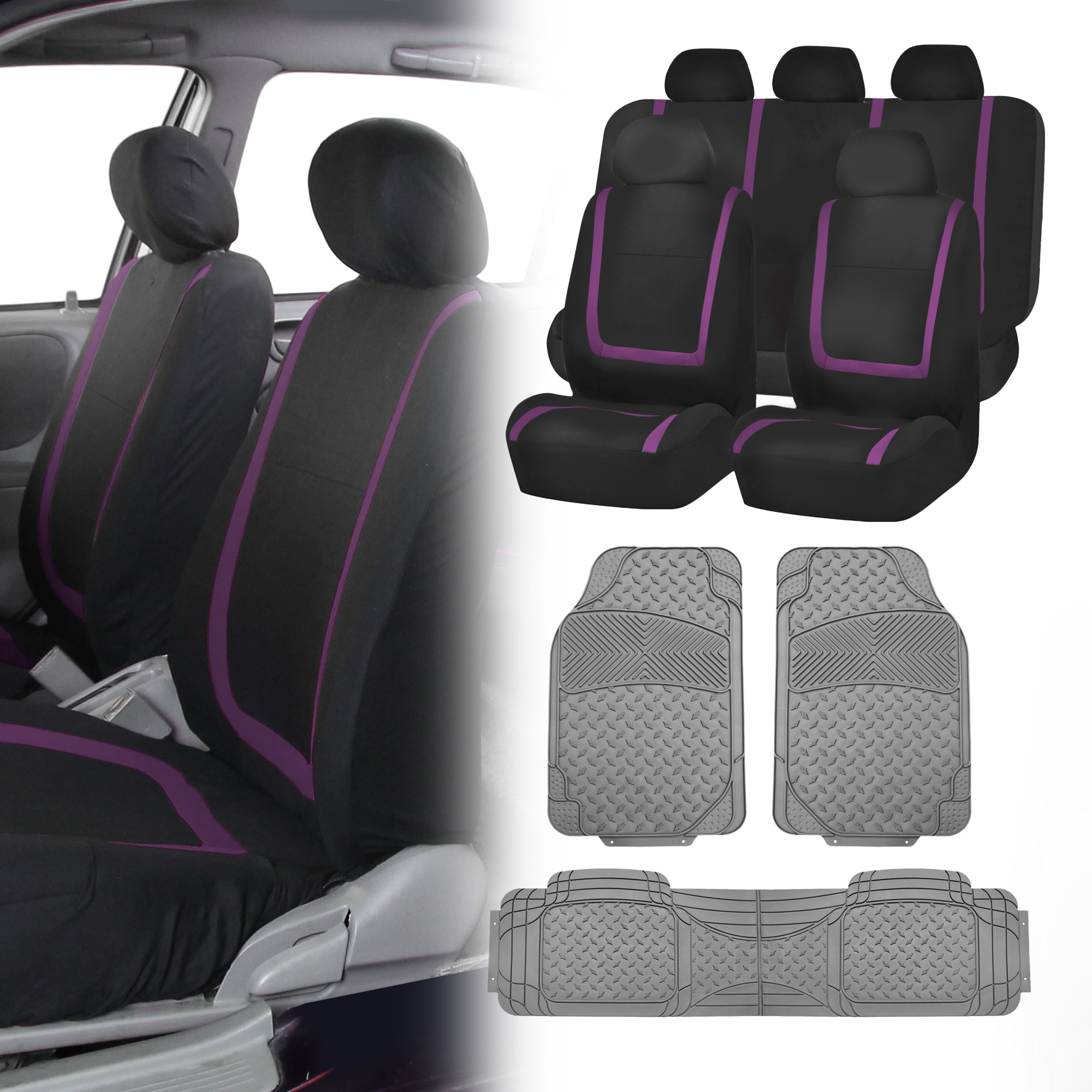 Black Purple Car Seat Covers with Gray Heavy Duty Mats for Auto Car SUV