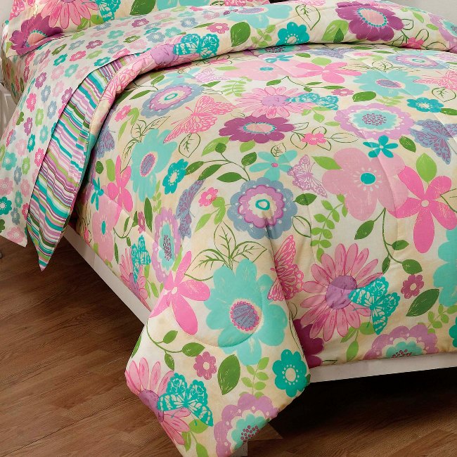 NEW Girls Daisy Flower Butterfly Pink Aqua Bedding Comforter Sheet Set