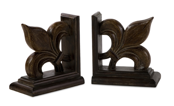 Set of 2 Distressed Brown Wooden Fleur De Lis Bookends