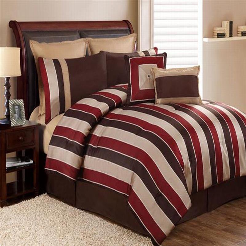 Carlton Stripe Burgundy / Brown 8 Piece Queen Comforter Bed In A Bag