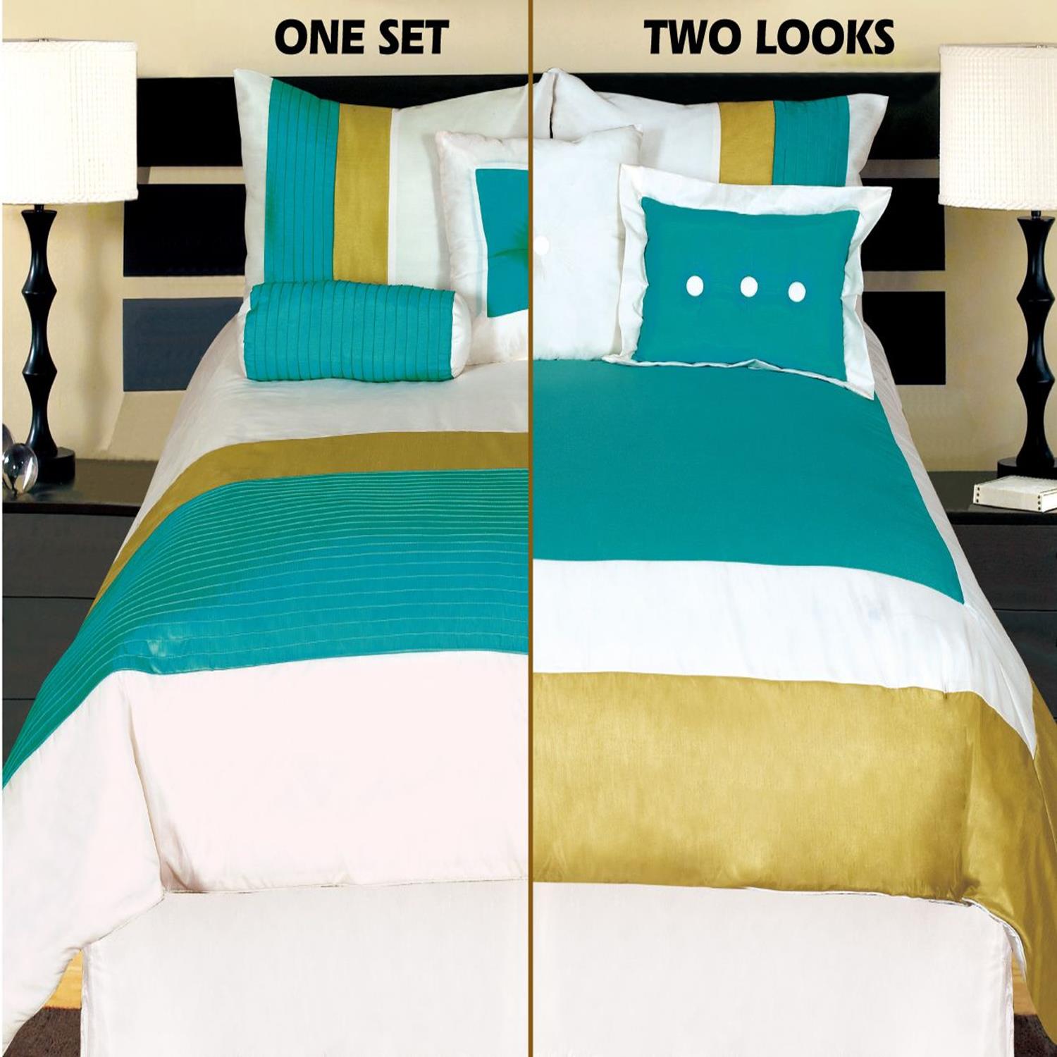 Hudson Teal, Lime, Off White 12 Piece Queen Reversible Comforter Bed In