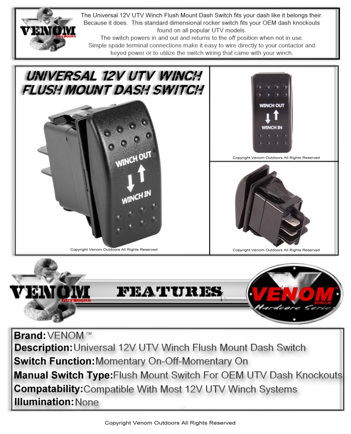 VENOM UNIVERSAL UTV WINCH FLUSH MOUNT DASH ROCKER SWITCH GENUINE FIT eBay