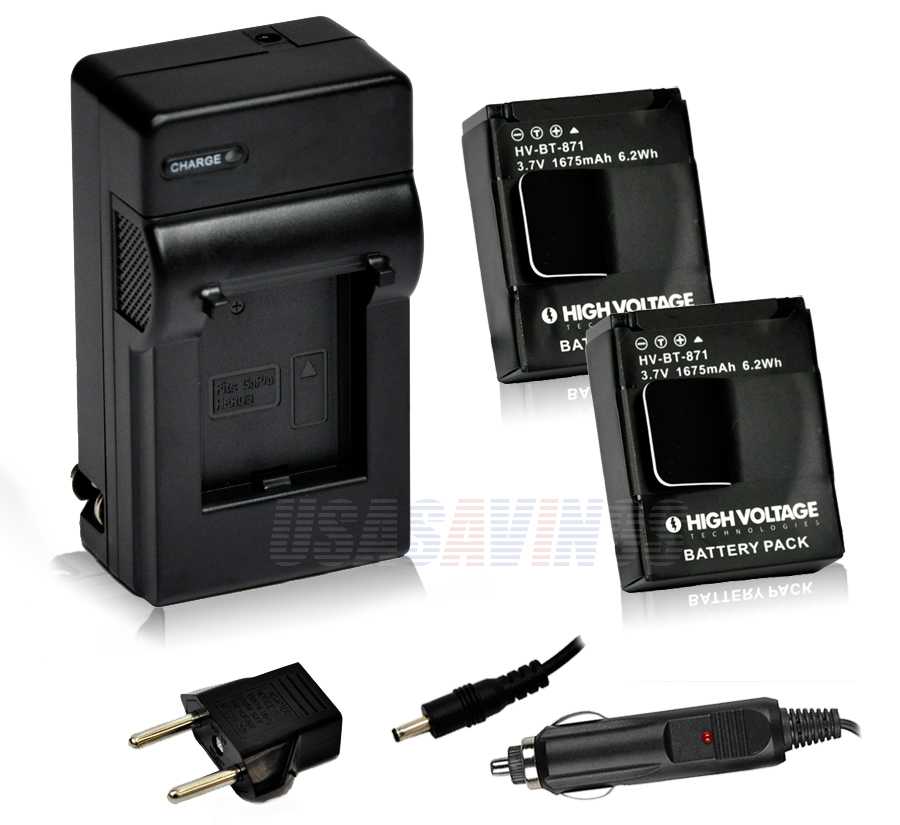 Two (2) Batteries High Capacity 1675mAh and Charger for GoPro Hero 3 ...