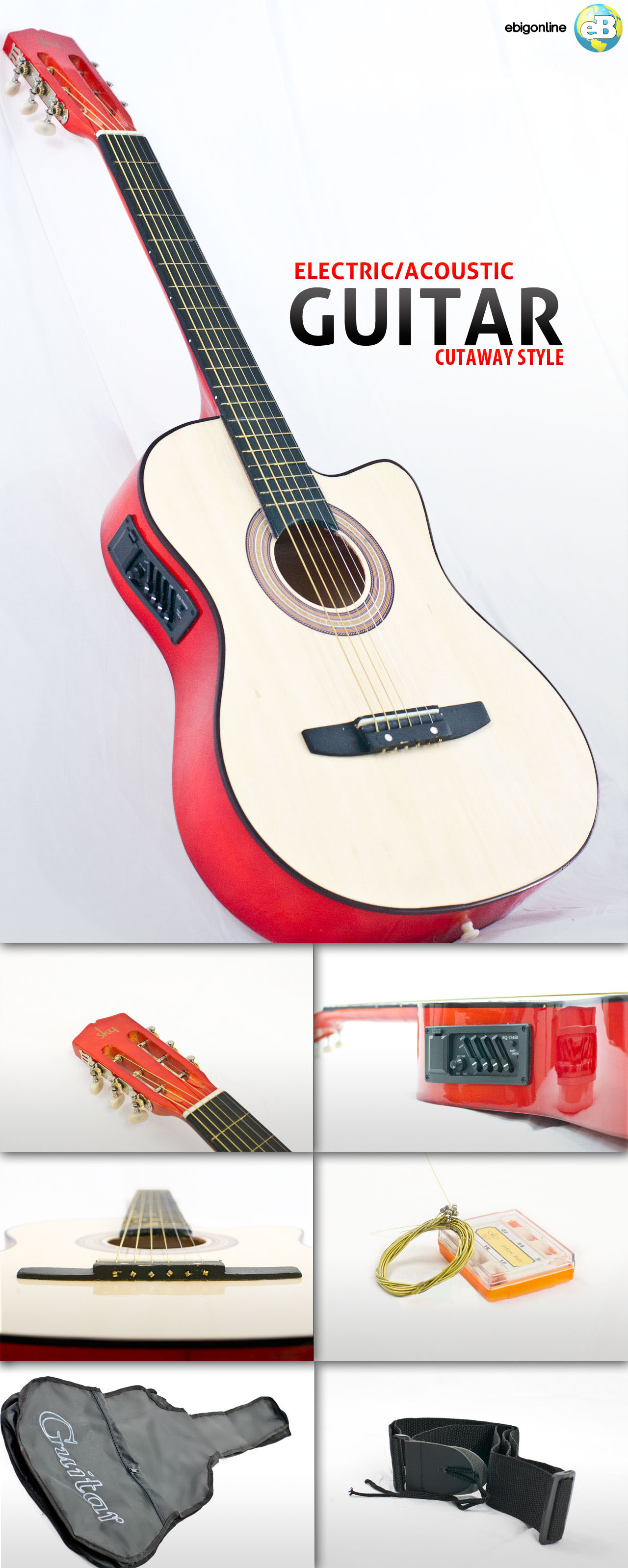 Electric Acoustic Guitar Cutaway Design With Guitar Case, Strap, Tuner Natural