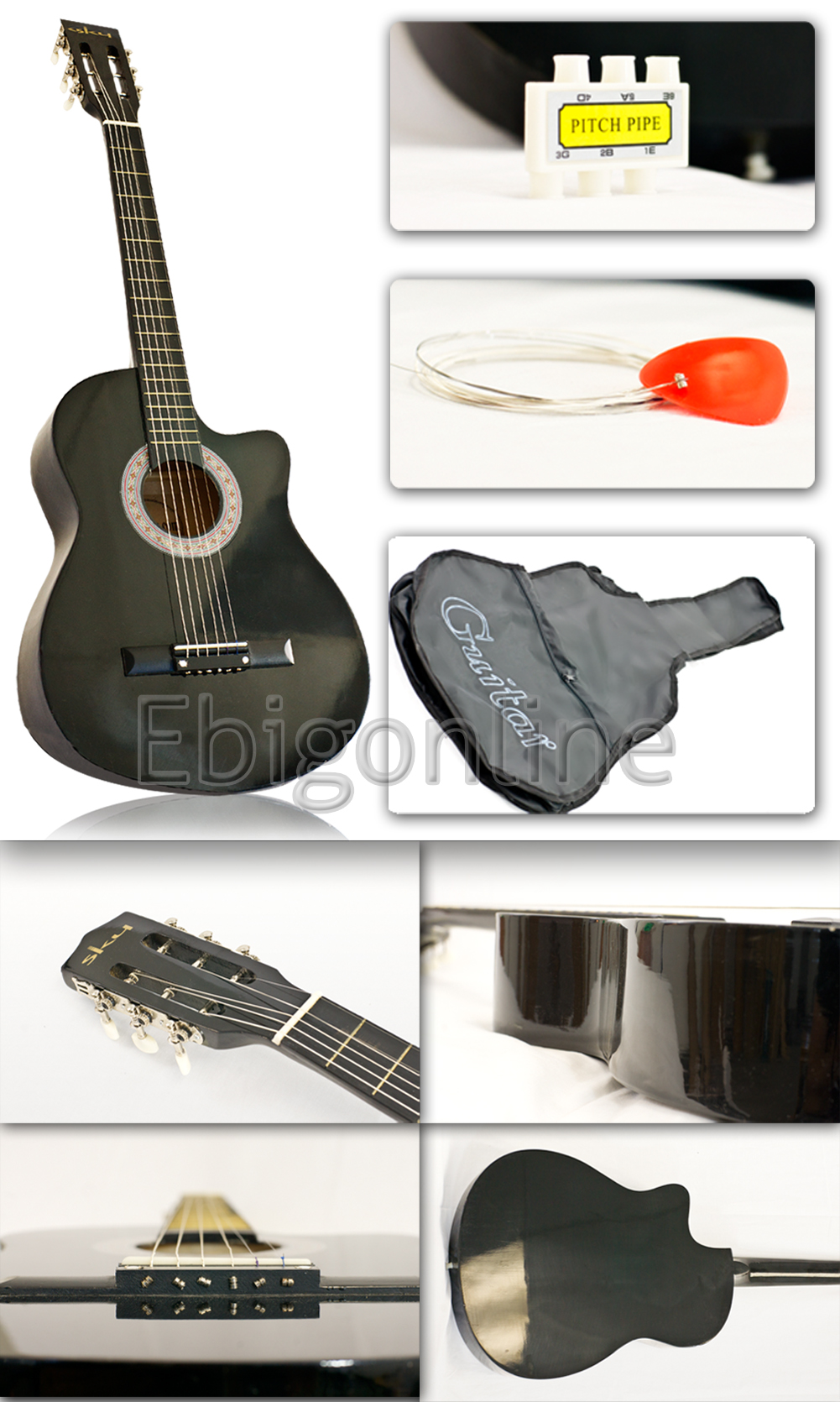 NEW BLACK ACOUSTIC GUITAR WITH GUITAR CASE / STRAP / TUNER / PICK
