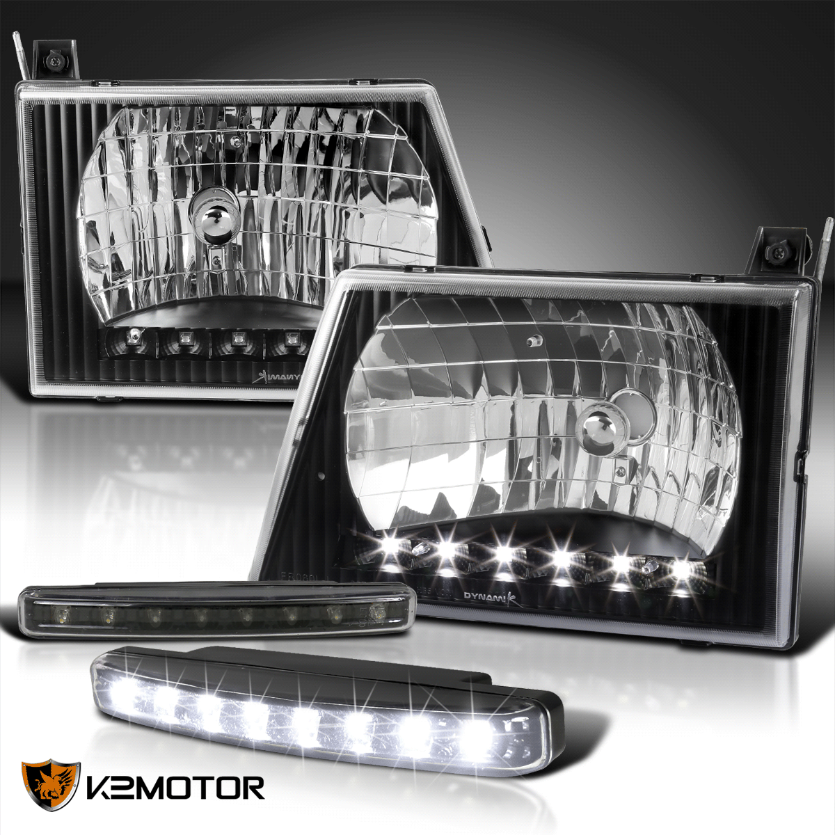 Ford 9206 Econoline E150 E250 Van Black SMD Headlights+LED DRL Fog Lamps