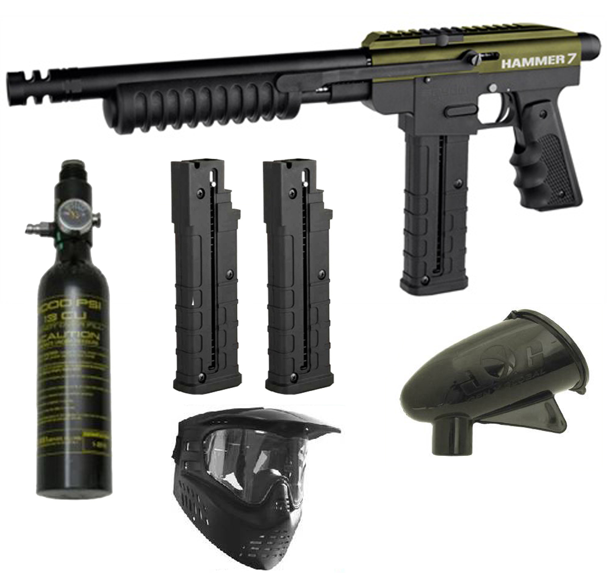 Spyder Hammer 7 Pump Paintball Marker Gun 3Skull Nitro Package Olive