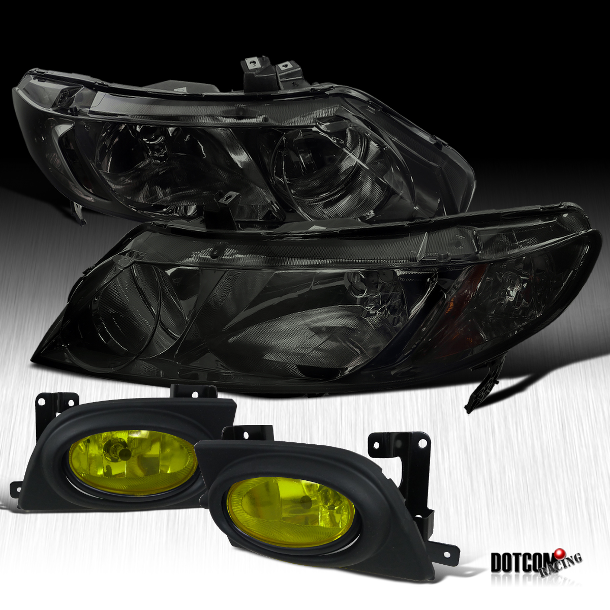 0608 Honda Civic 4Dr JDM Smoke Headlights Head Lamps+Yellow Fog Lights