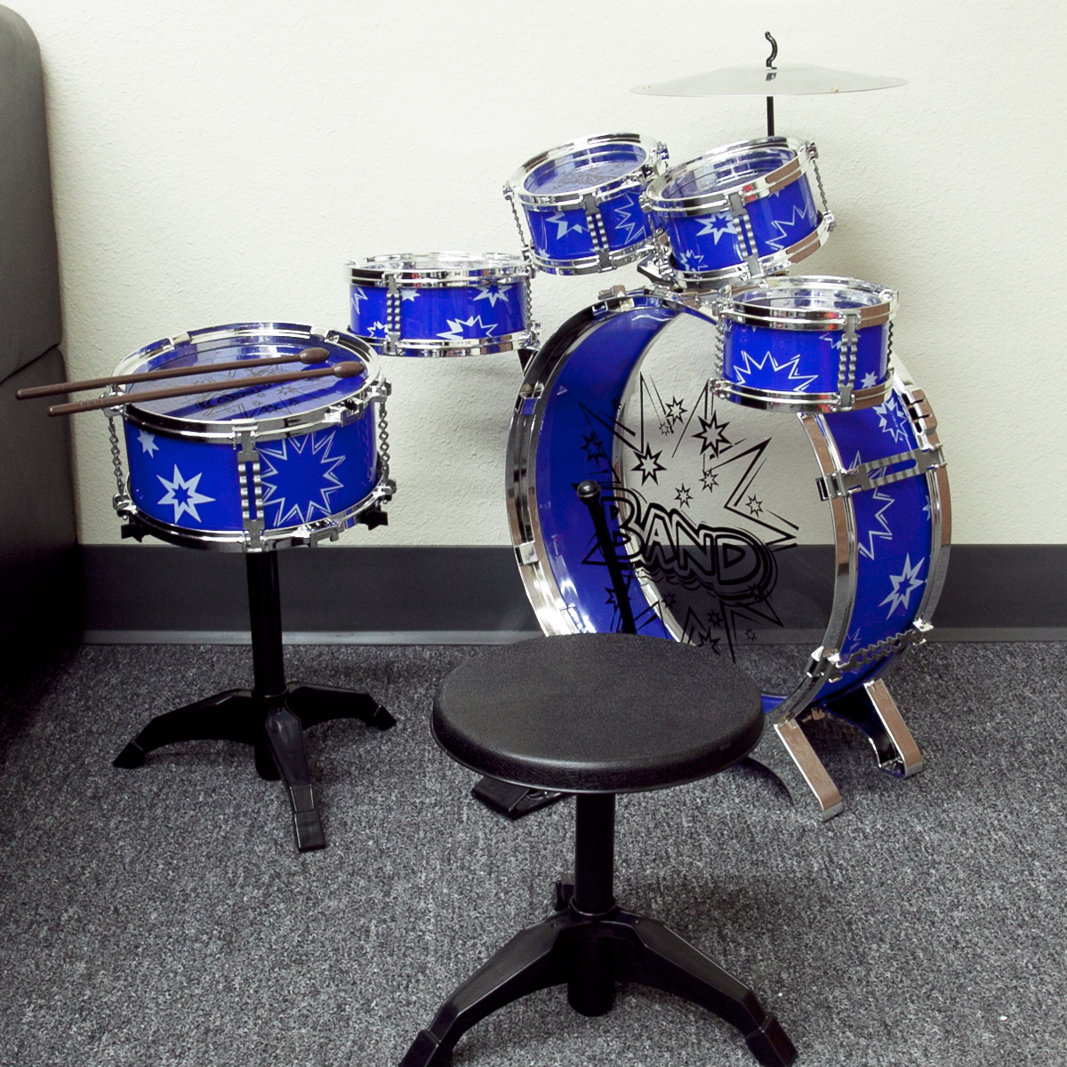 Toys Children Blue Drum Boy Girl Music 11 pc Drum Set with Stool Kids