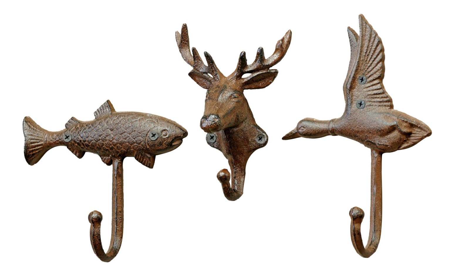 Hunters Favorite Deer Head Duck and Fish Single Wall Hook Cast Iron Set