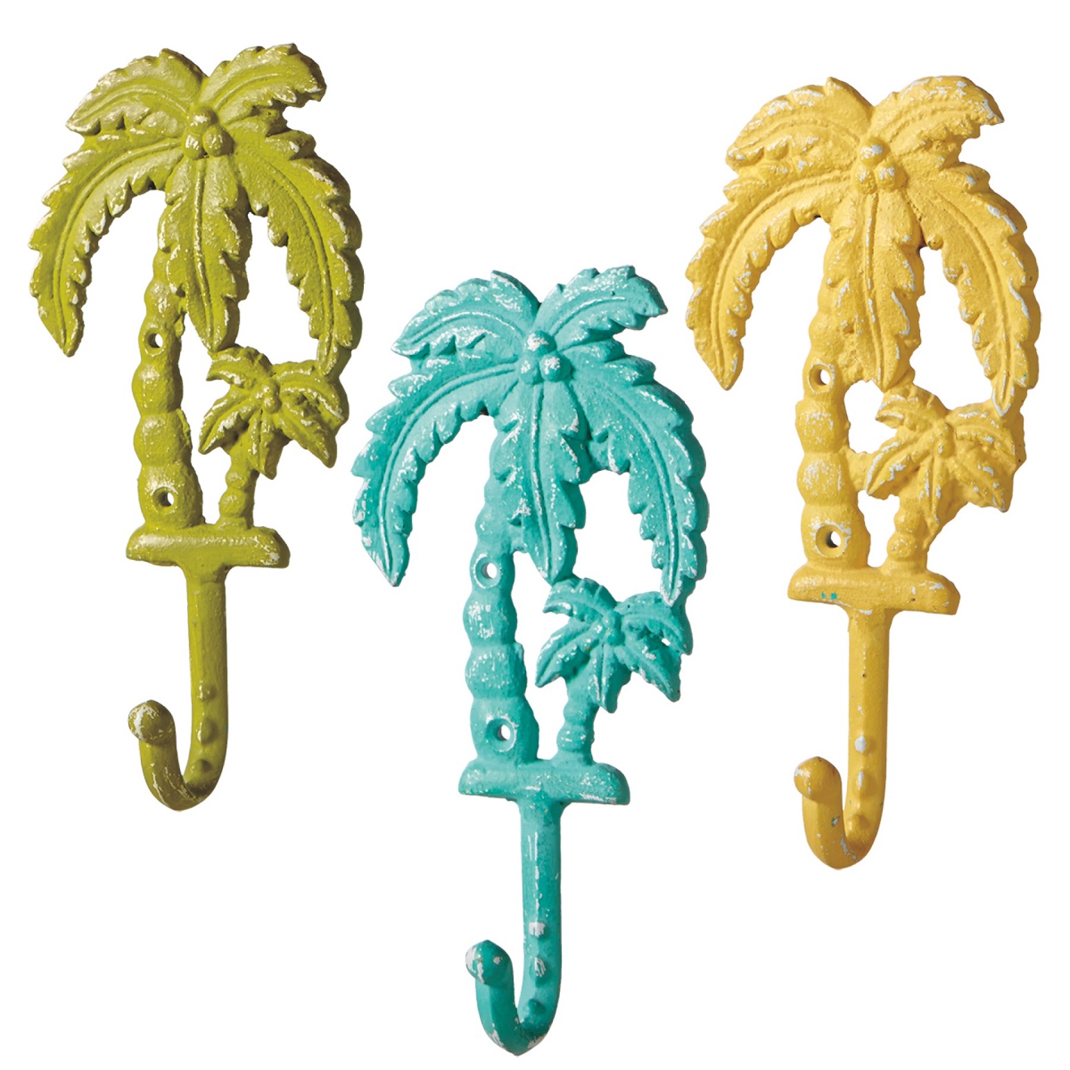 Palm Trees Lime Teal Yellow Single Wall Hooks Painted Cast Iron Set of