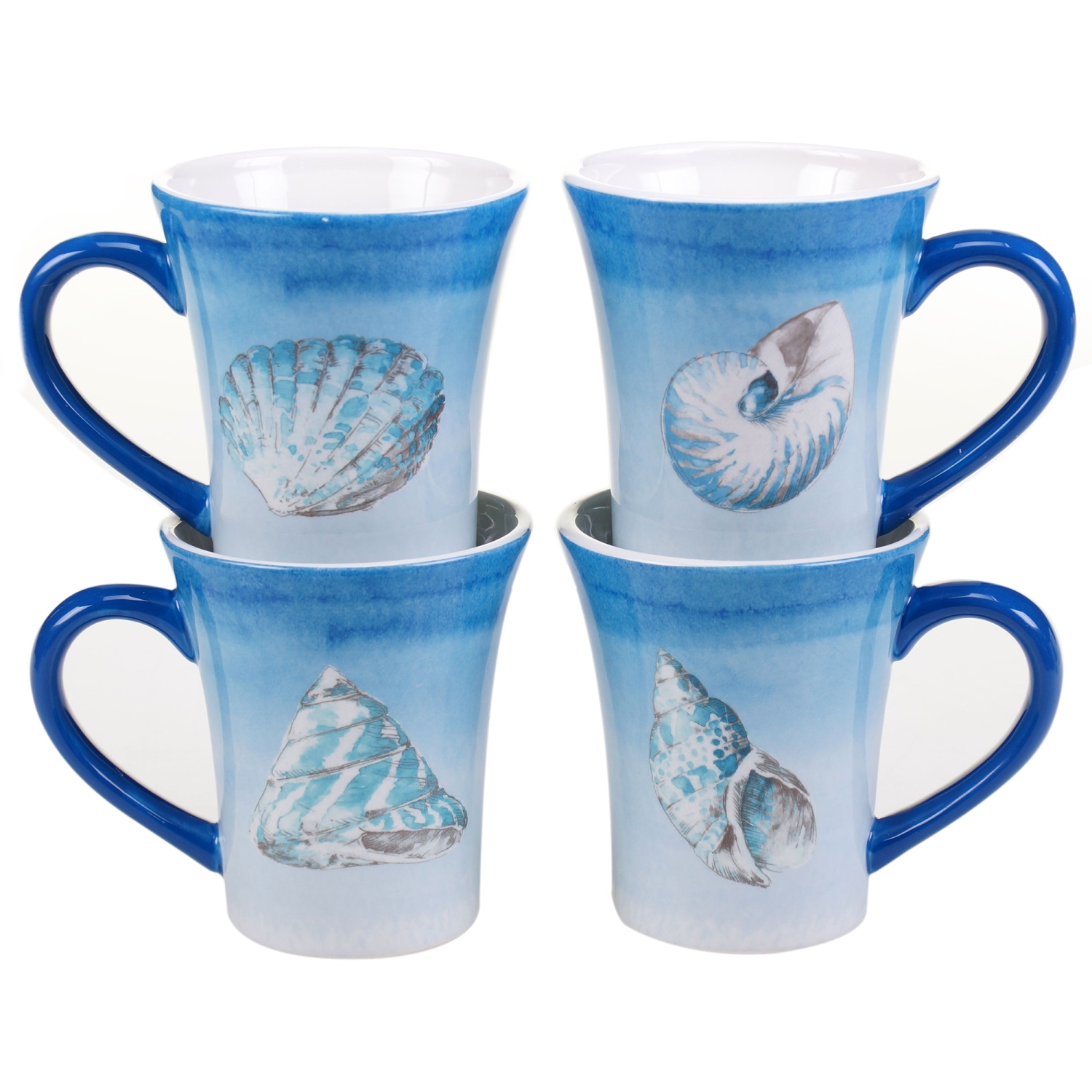 Sea Finds Blue Seashells Coffee Mugs Set of 4 Ceramic Coastal Kitchen