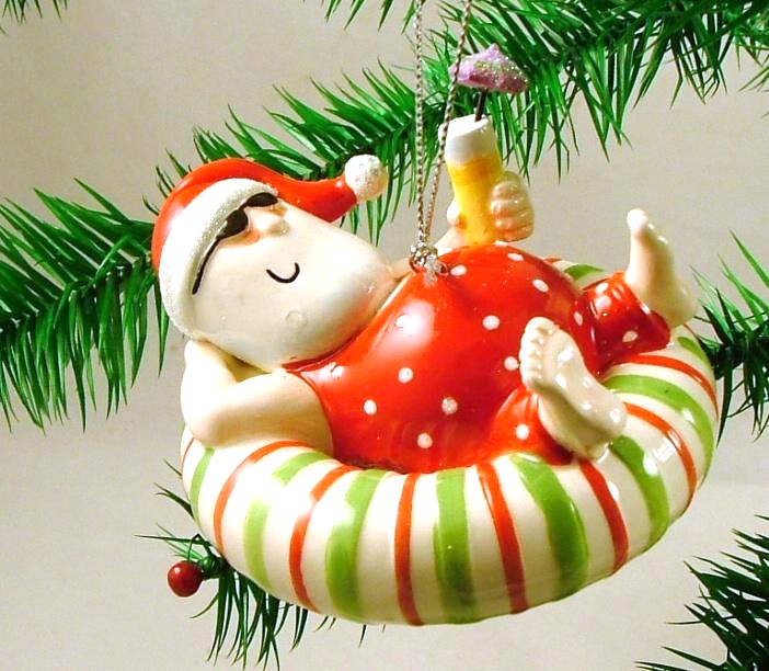 Beachy Coastal Santa on Inner Tube Float Christmas Holiday Ornament