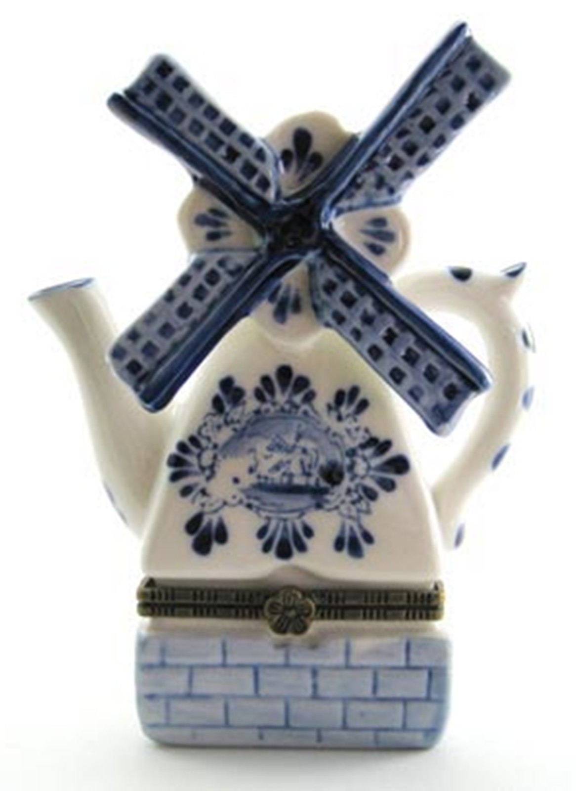 Netherlands Windmill Blue and White Teapot Hinged Trinket Box Mary B