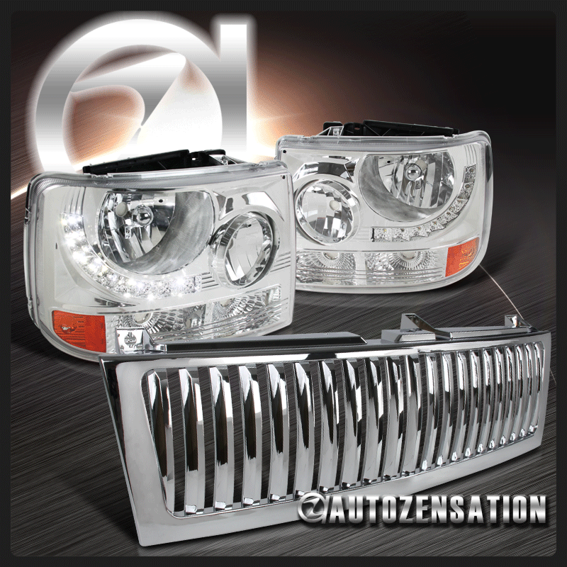 9902 Chevy Silverado Clear LED 1PC Style Headlights+Chrome Vertical Hood Grille eBay