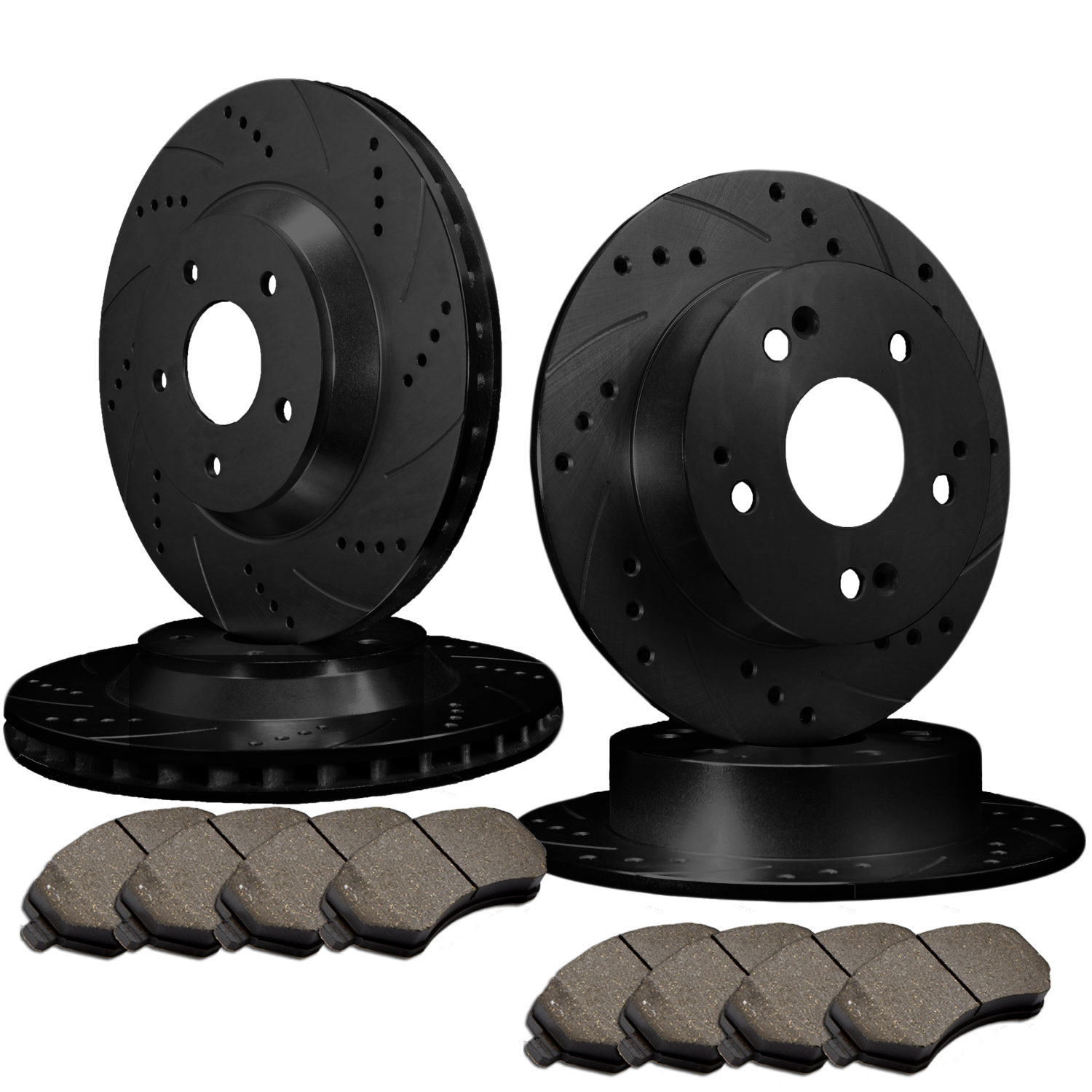 [FRONT & REAR] 4 DRILLED & SLOTTED BRAKE ROTORS & 8 SEMIMETALLIC PADS