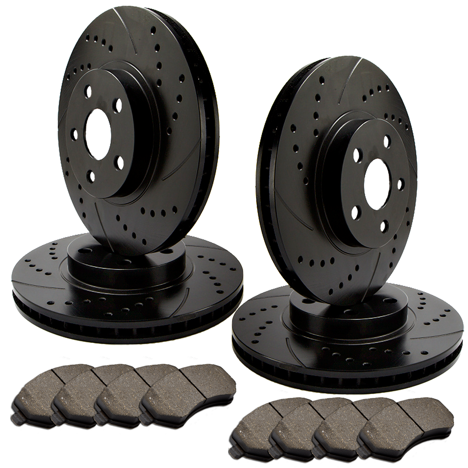 [FRONT & REAR] 4 DOUBLE DRILLED & SLOTTED BRAKE ROTORS +8 CERAMIC PADS